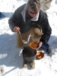 Lunch! Hearty soup cooked over an open fire, bagels for toasting, snack mixes, cookies, yum. 